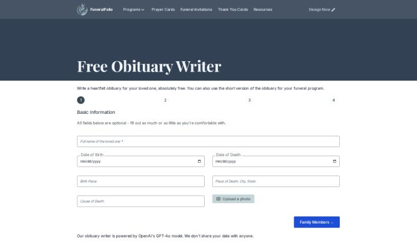 Screenshot of Eventlive Obituary AI Writer